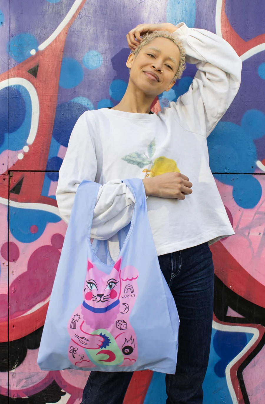 Amy Hastings Lucky Cat Limited Edition Kind Bag Reusable Shopping tote from the Accessories collection by the hand dyed yarn expert, The Wool Kitchen