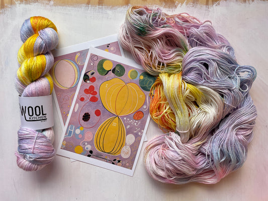 4 from the Hilma Af Klint Luxury Yarn Club 4ply Merino Silk Collection by the hand dyed yarn expert, The Wool Kitchen