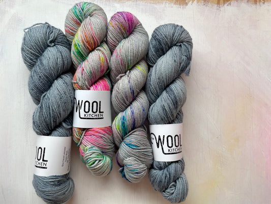 Sale Yarn Mixed 4 skein bundle, Grey matter and Moon Hopping BFL DK Wool from the hand dyed yarn expert, The Wool Kitchen